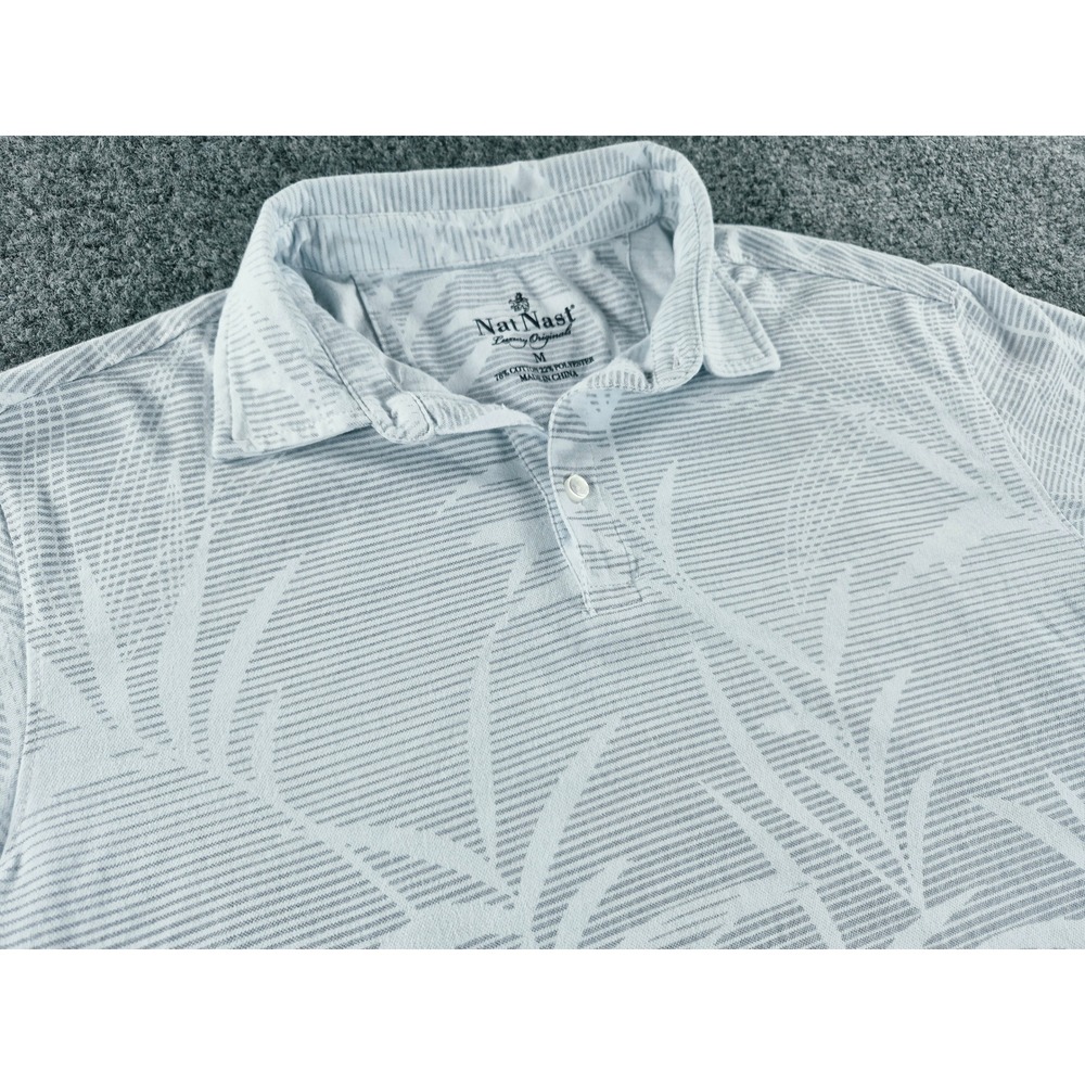 Nat Nast Luxury Originals Mens Polo Shirt Blue White Tropical Leaf Stripe M